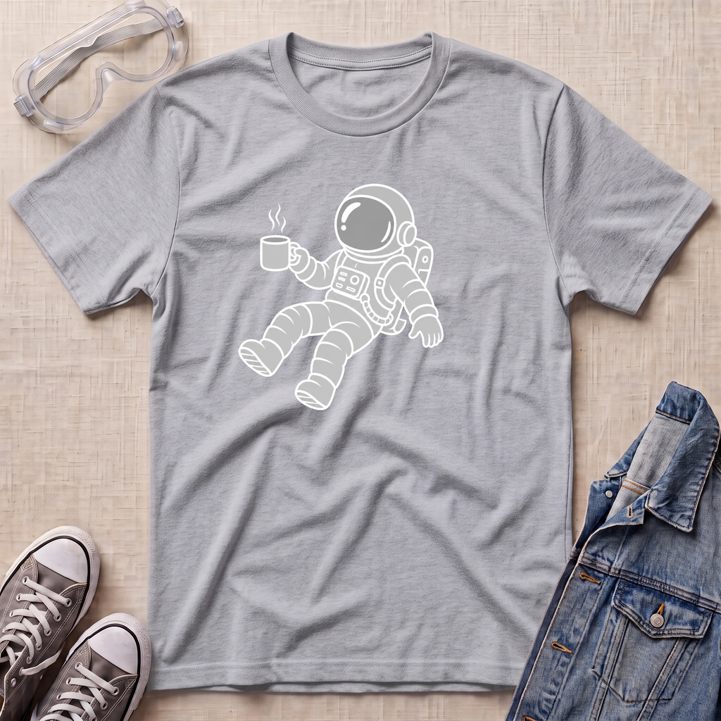 A sport grey short-sleeve t-shirt with a white line-art graphic of an astronaut holding a mug, styled in a flat lay with safety goggles, sneakers, and a denim jacket on a light beige textured background.