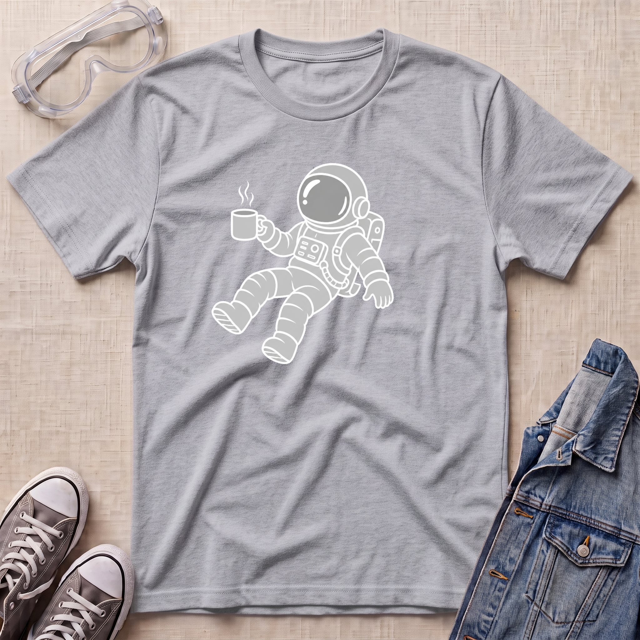 A sport grey short-sleeve t-shirt with a white line-art graphic of an astronaut holding a mug, styled in a flat lay with safety goggles, sneakers, and a denim jacket on a light beige textured background.