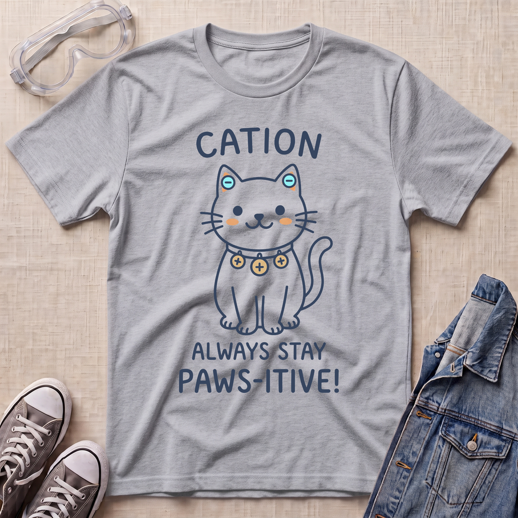 A heather gray graphic t-shirt featuring a cartoon cat wearing a gold collar with the text 'CATION ALWAYS STAY PAWS-ITIVE!' in navy blue. The t-shirt is styled in a flat-lay arrangement on a beige textured background, surrounded by props including safety goggles, denim jacket, and sneakers.