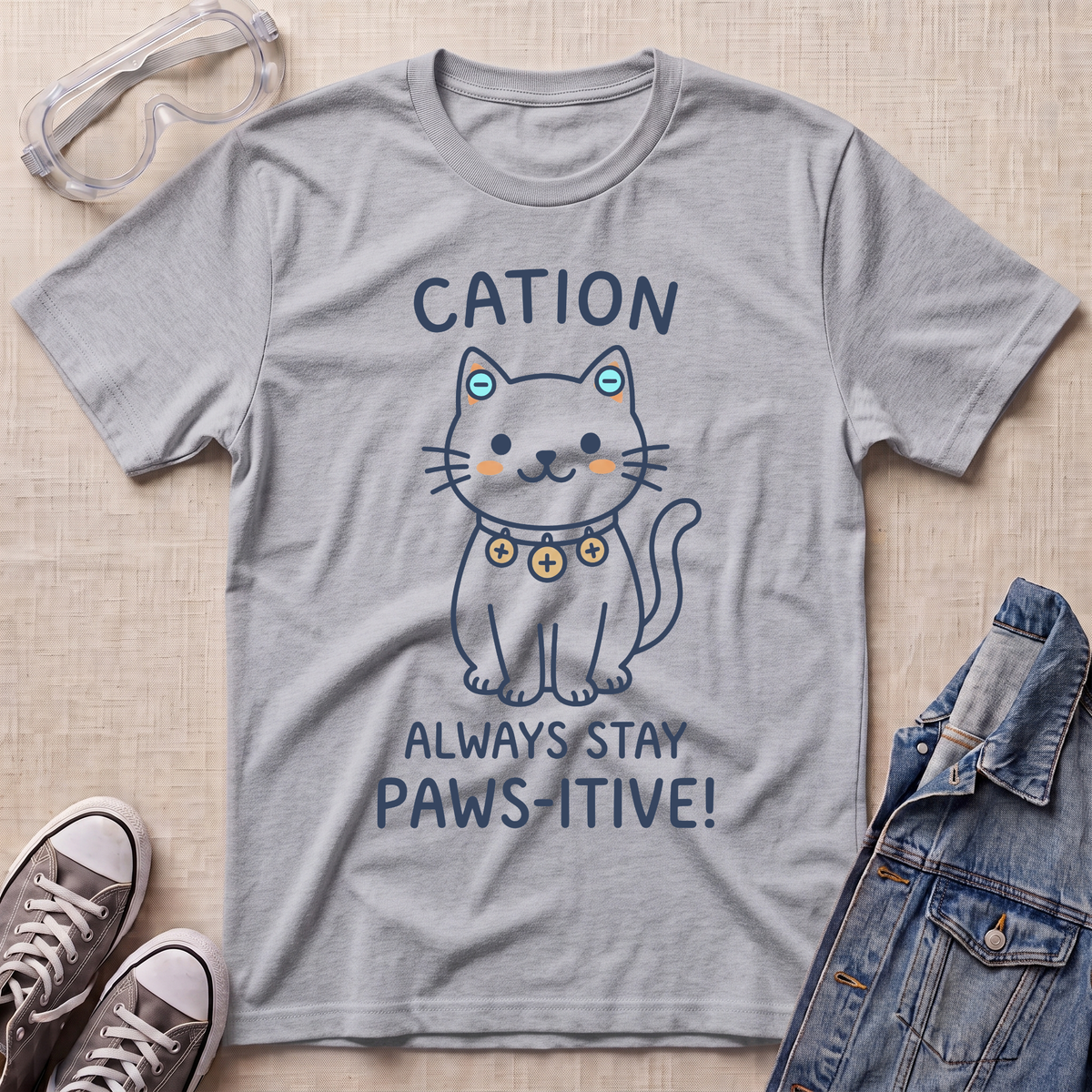 A heather gray graphic t-shirt featuring a cartoon cat wearing a gold collar with the text 'CATION ALWAYS STAY PAWS-ITIVE!' in navy blue. The t-shirt is styled in a flat-lay arrangement on a beige textured background, surrounded by props including safety goggles, denim jacket, and sneakers.