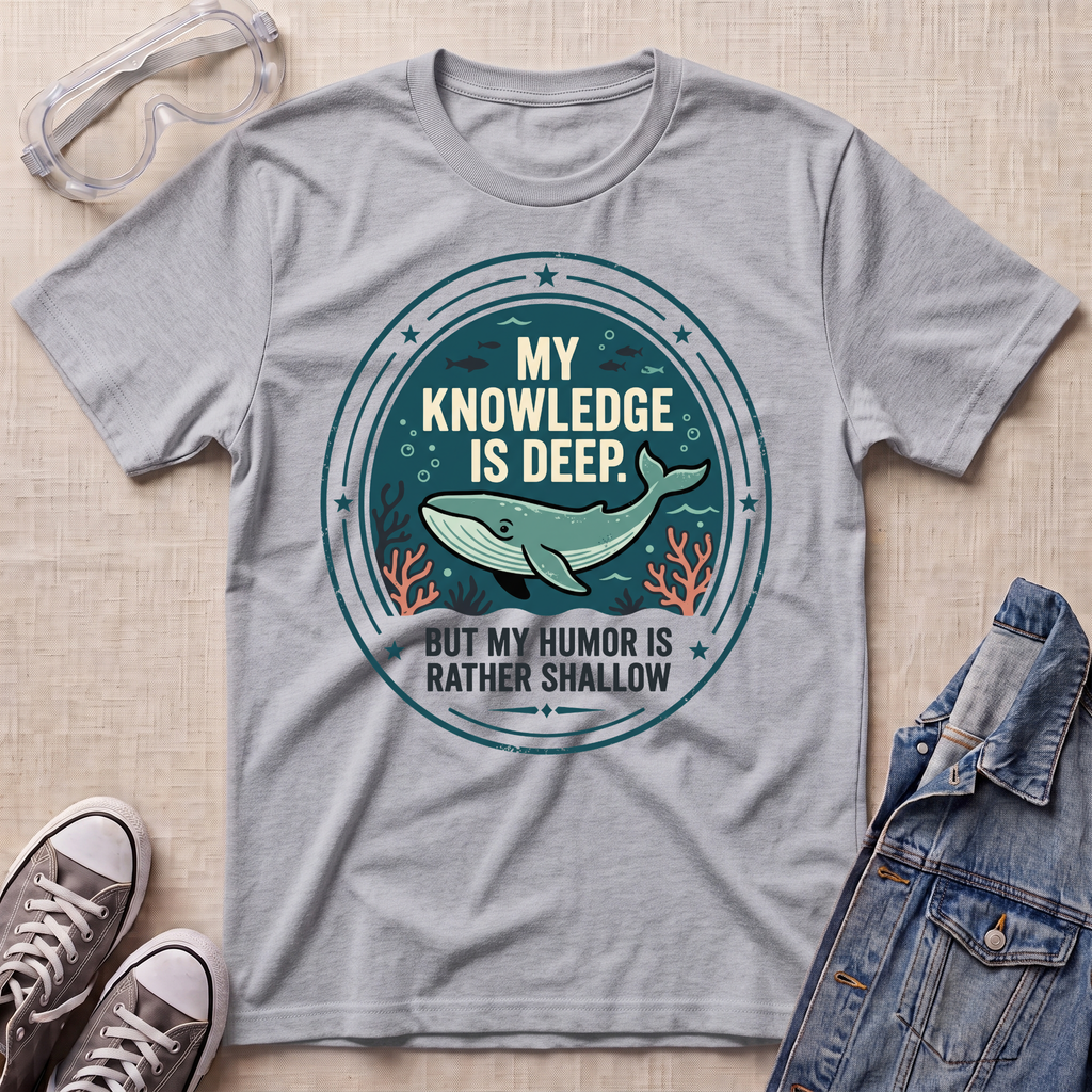 A heather gray graphic t-shirt laid flat on a beige textured background, styled with safety goggles, gray sneakers, and a denim jacket. The t-shirt features a circular graphic with a blue whale and the text  'MY KNOWLEDGE IS DEEP BUT MY HUMOR IS RATHER SHALLOW'.