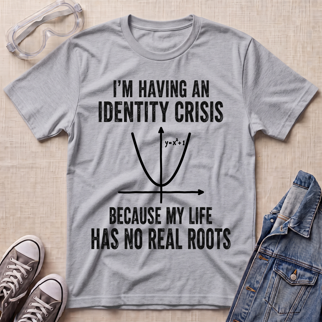 A heather gray graphic t-shirt laid flat on a beige fabric background, surrounded by styling props including clear safety goggles, gray sneakers, and a denim jacket. The t-shirt features a black printed graphic of a parabola with the text 'I'M HAVING AN IDENTITY CRISIS BECAUSE MY LIFE HAS NO REAL ROOTS'.