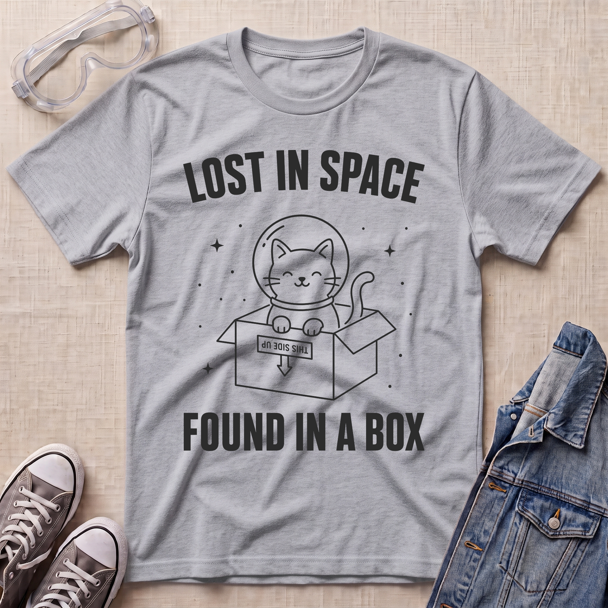 A sport gray graphic t-shirt laid flat on a light beige textured surface, surrounded by styling props including clear safety goggles, gray sneakers, and a denim jacket. The t-shirt features a black graphic of a cat in a space helmet sitting in a box with the text 'LOST IN SPACE' above and 'FOUND IN A BOX' below.