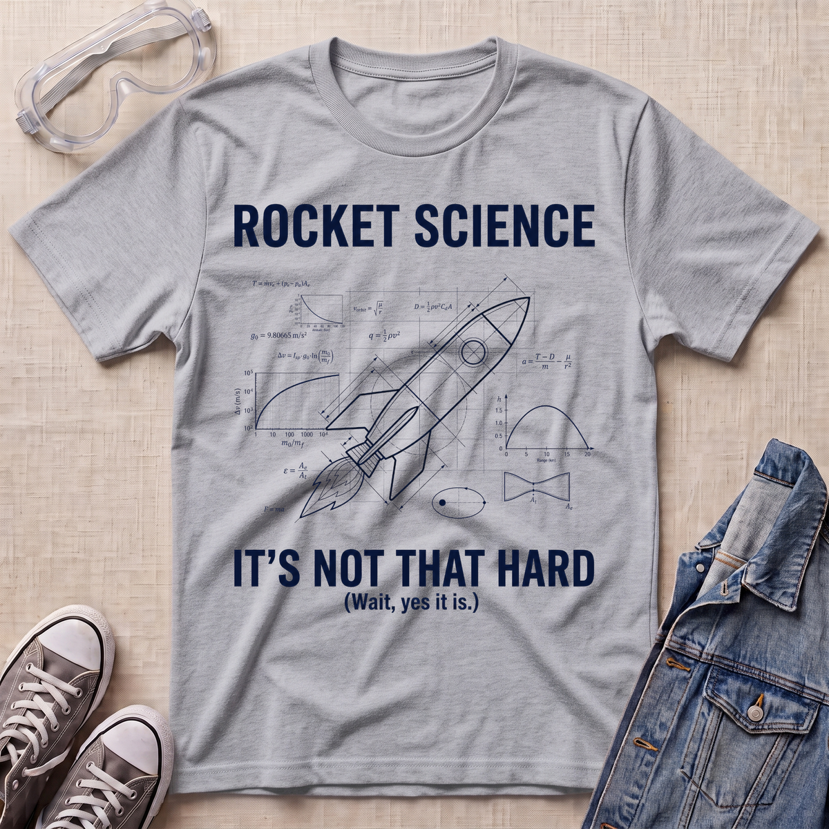 A heather sport gray graphic t-shirt featuring a blue rocket science illustration and the text 'ROCKET SCIENCE IT'S NOT THAT HARD (Wait, yes it is.)' laid flat on a beige textured background with props including safety goggles, jeans, and sneakers.