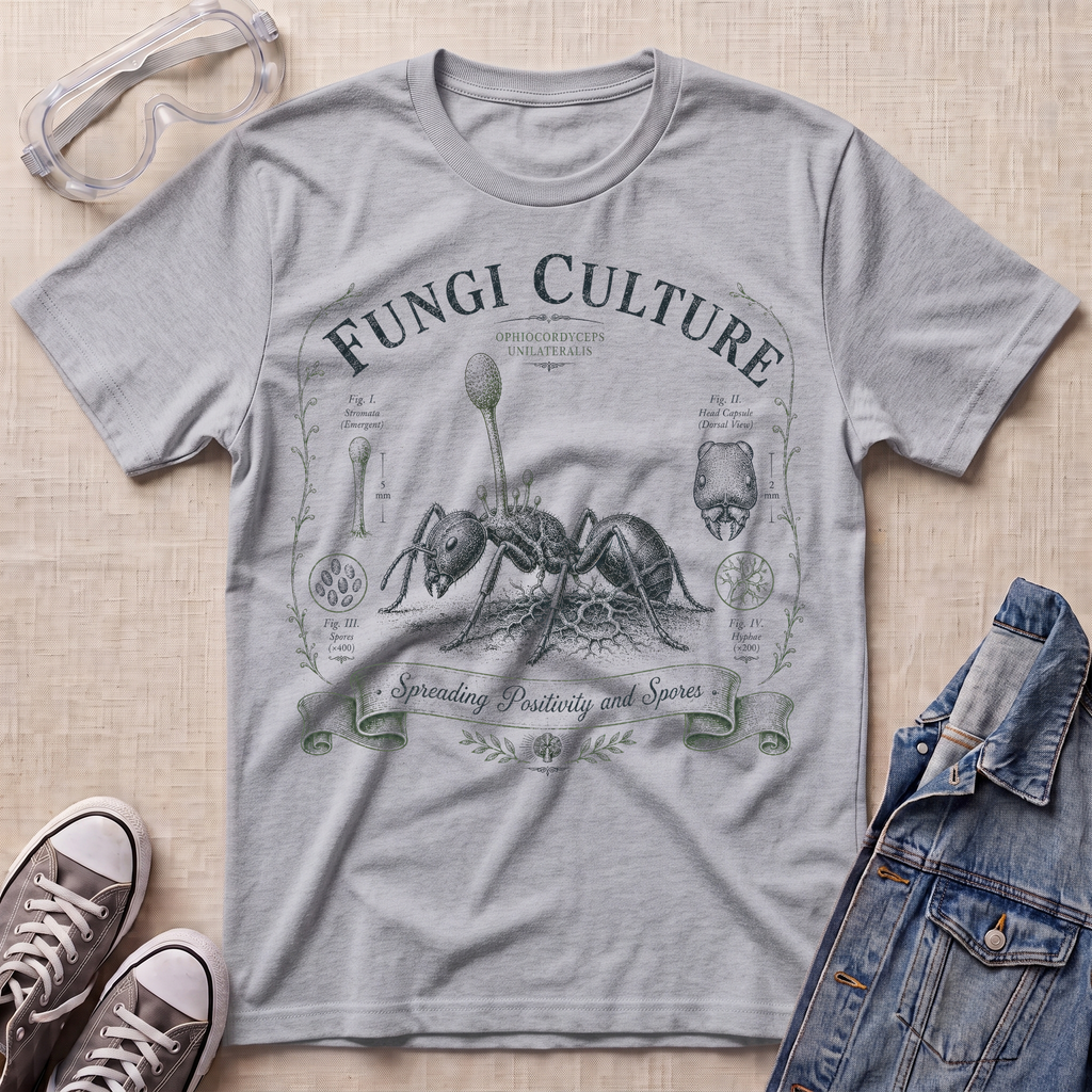 A heather gray graphic t-shirt featuring a vintage-style illustration of an ant and the text 'Fungi Culture' and 'Spreading Pustulosis and Spores'. The t-shirt is styled in a flat-lay arrangement on a beige textured background, accompanied by safety goggles, a pair of canvas sneakers, and a denim jacket.
