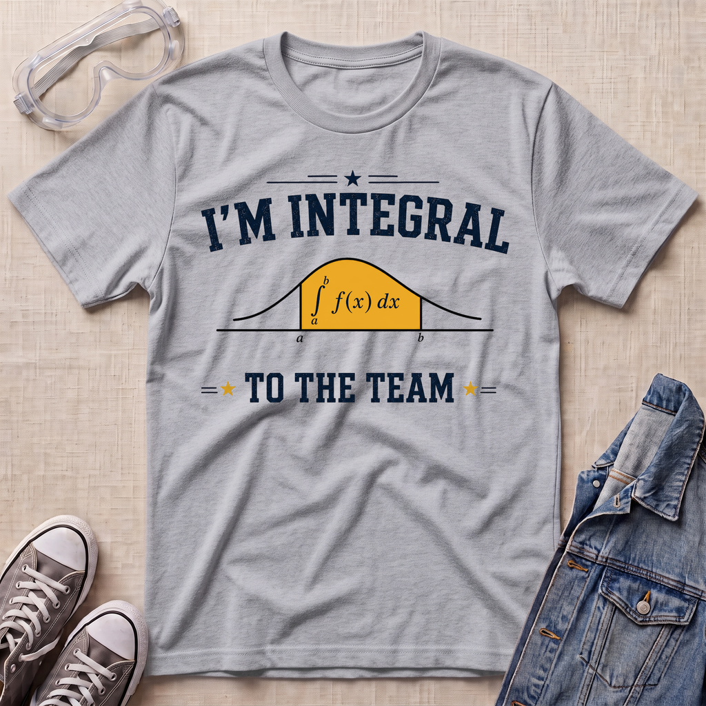 A heather gray graphic t-shirt laid flat on a light wood background, styled with safety glasses, gray sneakers, and a denim jacket. The t-shirt features a navy blue and yellow graphic that reads 'I'M INTEGRAL TO THE TEAM' with a simple integral curve illustration.