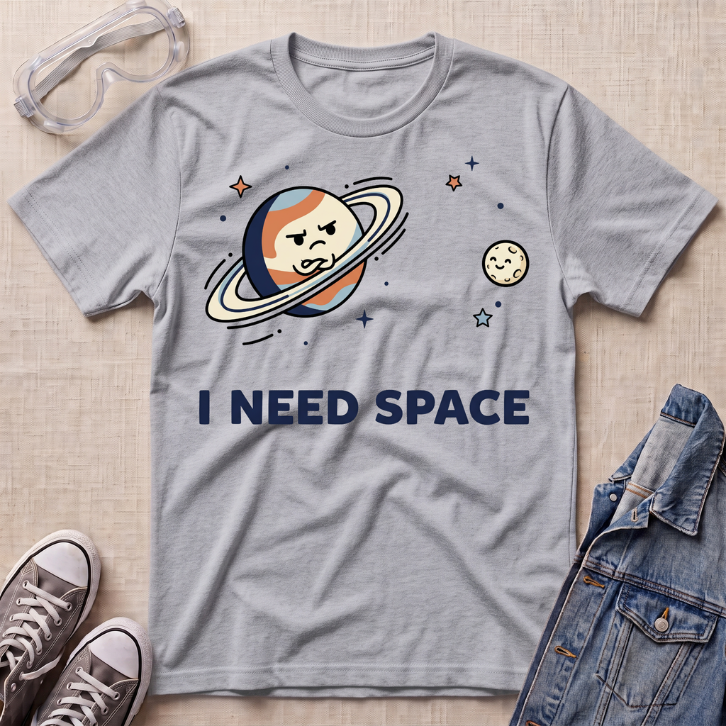 A heather sport gray graphic t-shirt featuring a cartoon Saturn with an angry face and the text 'I NEED SPACE' in navy blue. The t-shirt is styled in a flat-lay arrangement with safety goggles, gray sneakers, and a denim jacket on a light beige textured background.
