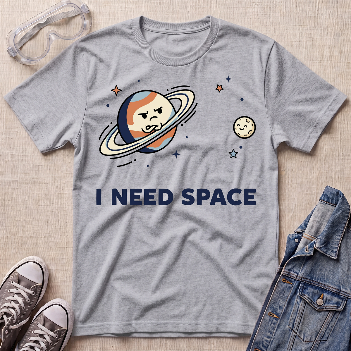 A heather sport gray graphic t-shirt featuring a cartoon Saturn with an angry face and the text 'I NEED SPACE' in navy blue. The t-shirt is styled in a flat-lay arrangement with safety goggles, gray sneakers, and a denim jacket on a light beige textured background.