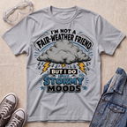 A heather gray graphic t-shirt laid flat on a beige textured background, styled with safety glasses, gray sneakers, and a denim jacket. The t-shirt features a storm graphic with the text 'I'M NOT A FAIR-WEATHER FRIEND BUT I DO HAVE STORMY MOODS'.