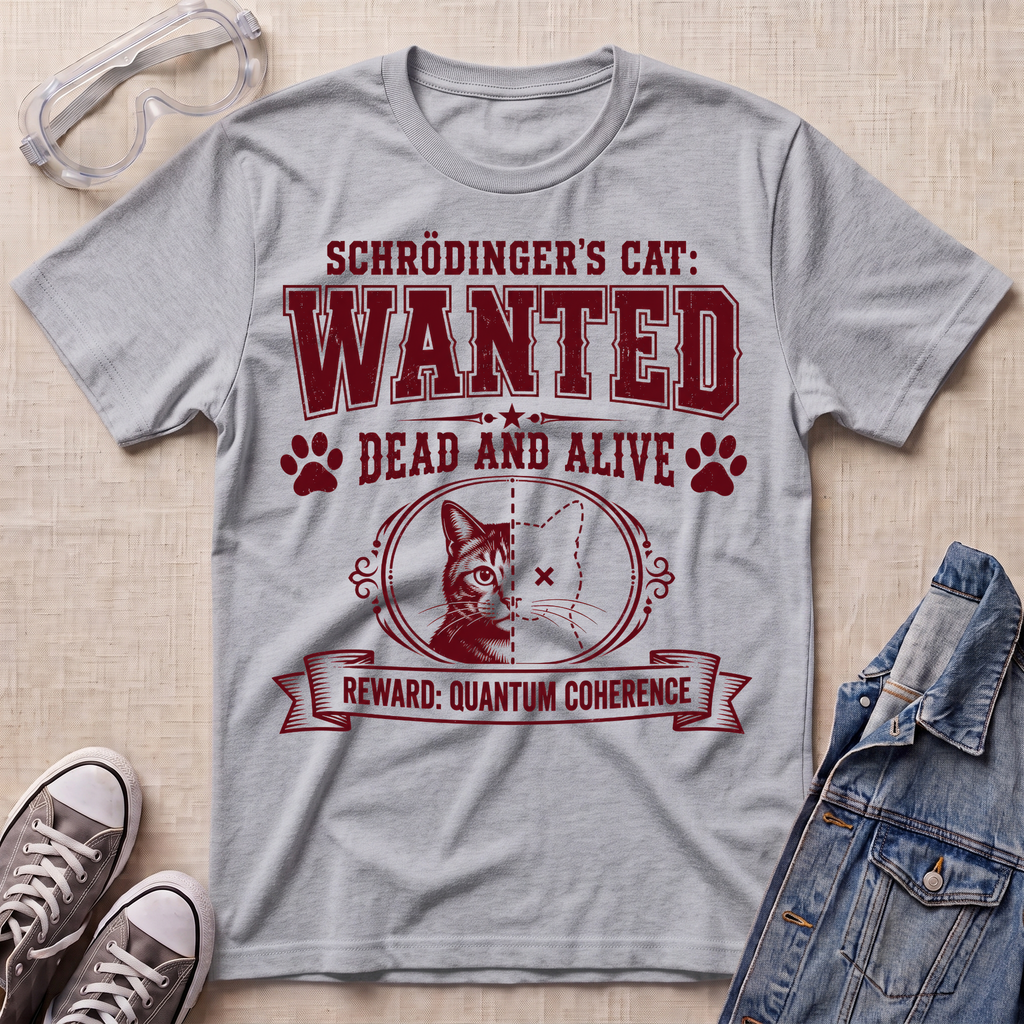 A heather gray graphic T-shirt laid flat on a beige textured surface, styled with safety goggles, sneakers, and a denim jacket. The shirt features a maroon 'WANTED' graphic for Schrödinger's Cat with a cat illustration and paw prints.