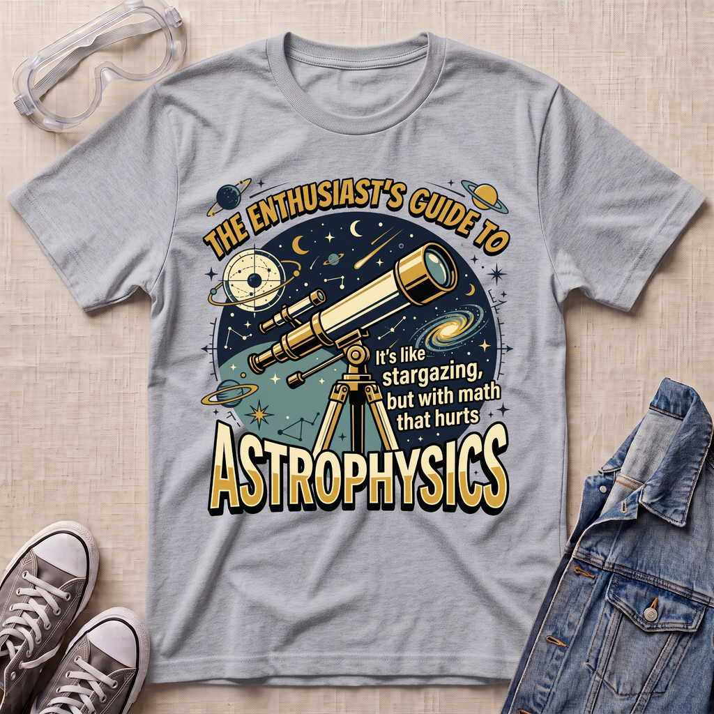 A heather sport gray graphic t-shirt featuring a space-themed design with a telescope, planets, stars, and the text 'THE ENTHUSIAST'S GUIDE TO ASTROPHYSICS'. The t-shirt is styled in a flat-lay arrangement on a beige textured background, accompanied by safety goggles, a pair of gray sneakers, and a folded denim jacket.