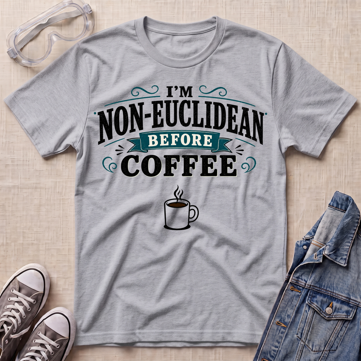 A heather gray graphic t-shirt laid flat on a light beige textured background, styled with safety glasses, gray sneakers, and a denim jacket. The t-shirt features a graphic that reads 'I'M NON-EUCLIDEAN BEFORE COFFEE' in black and teal lettering, with a small coffee cup illustration below.