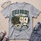 A heather gray graphic t-shirt featuring a 'Field Biology' design with boots, an open book, a magnifying glass, and a leaf, styled in a flat lay with safety glasses, sneakers, and a denim jacket on a beige textured background.