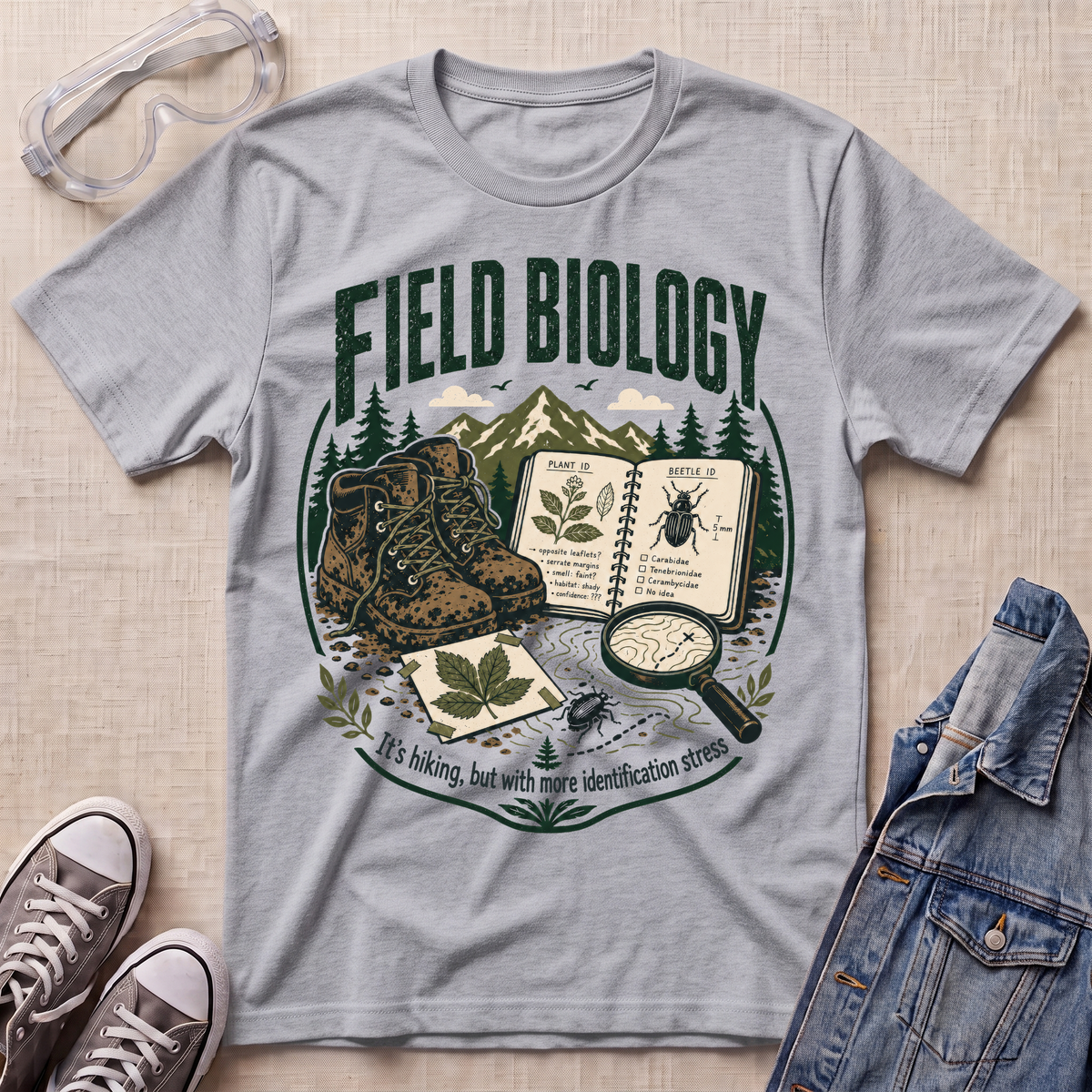 A heather gray graphic t-shirt featuring a 'Field Biology' design with boots, an open book, a magnifying glass, and a leaf, styled in a flat lay with safety glasses, sneakers, and a denim jacket on a beige textured background.