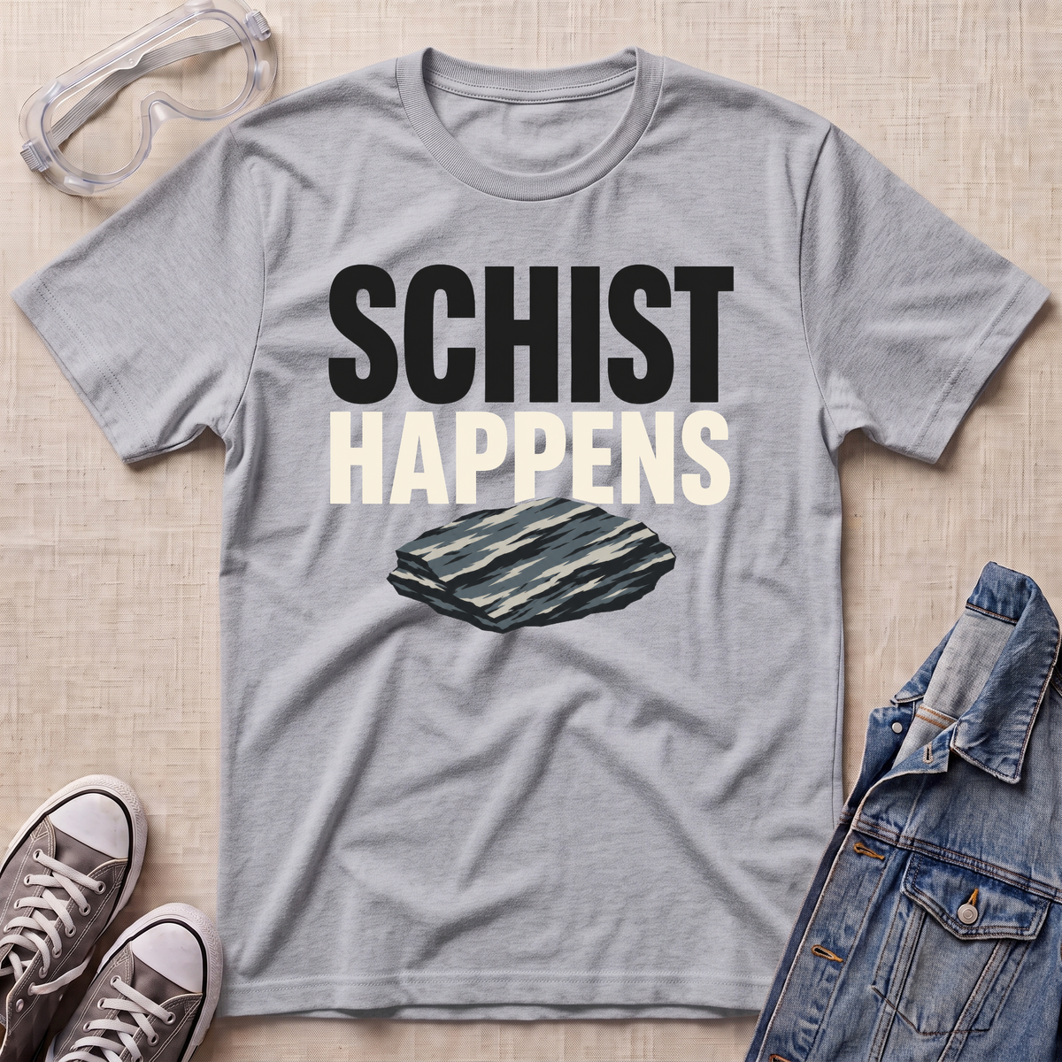 A heather gray graphic t-shirt laid flat on a light beige textured background, styled with safety goggles, a pair of gray sneakers, and a denim jacket. The t-shirt features the text 'SCHIST HAPPENS' in black and cream lettering above an illustration of a dark gray schist rock.