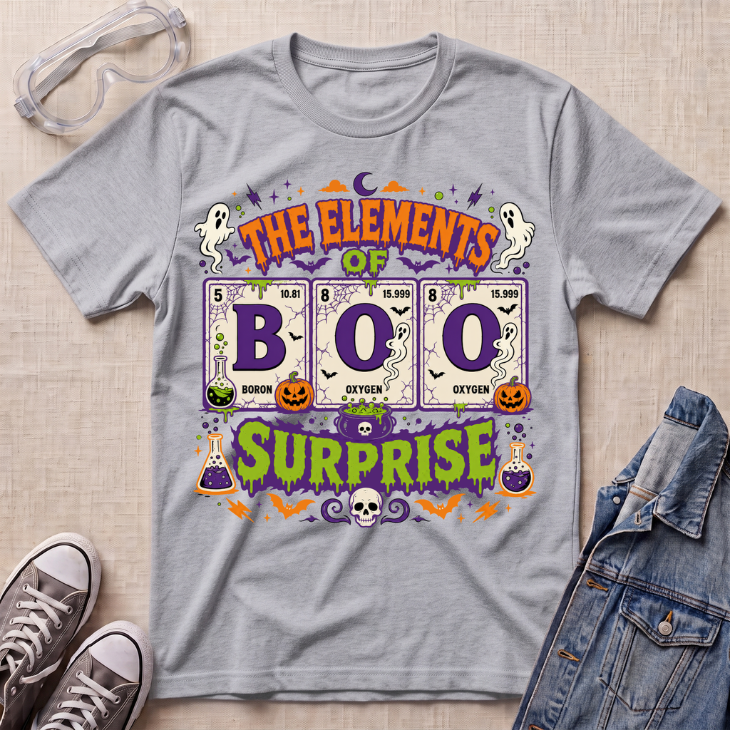 A heather gray graphic T-shirt laid flat on a light fabric surface, surrounded by styling props including safety goggles, gray sneakers, and a denim jacket. The shirt features a large Halloween-themed 'The Elements of Boo Surprise' print with purple, orange, green, black, and white elements.