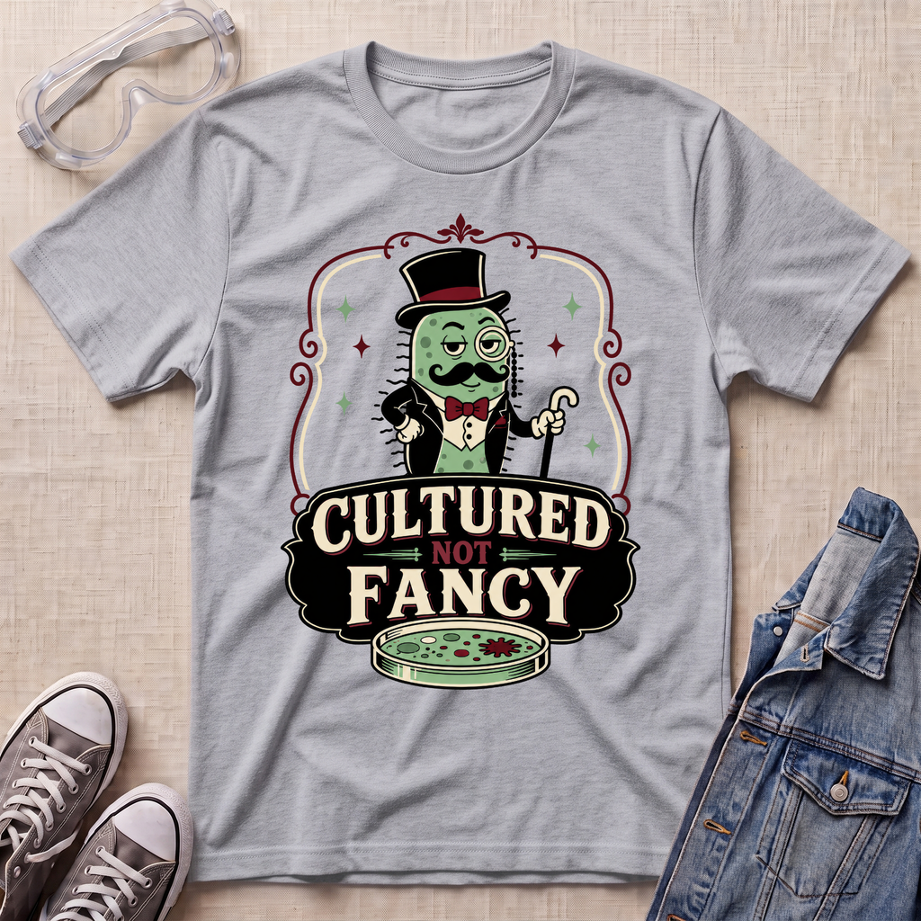A heather gray graphic t-shirt featuring a cartoon green character in a top hat and bow tie above the text 'CULTURED NOT FANCY' with a petri dish illustration. The t-shirt is displayed in a flat-lay arrangement with safety goggles, sneakers, and a denim jacket on a light beige textured background.