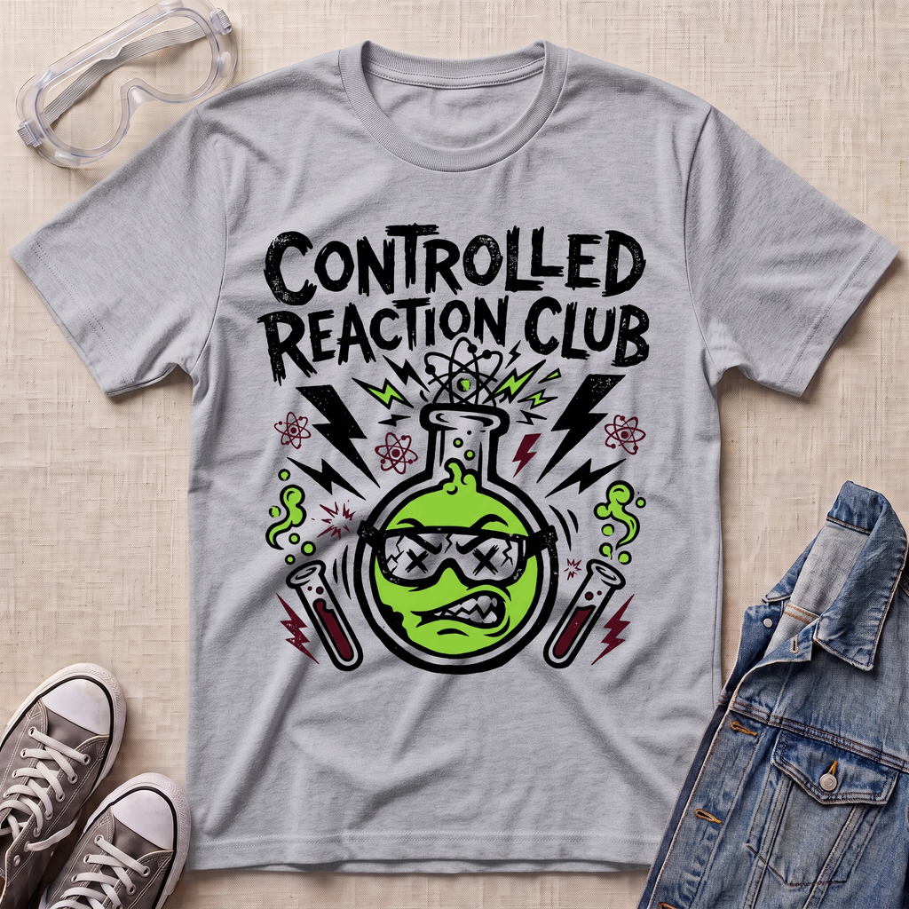 A heather gray graphic t-shirt featuring a green beaker with sunglasses and the text 'CONTROLLED REACTION CLUB' in black. The shirt is styled in a flat-lay arrangement with safety goggles, sneakers, and a denim jacket on a light beige textured background.