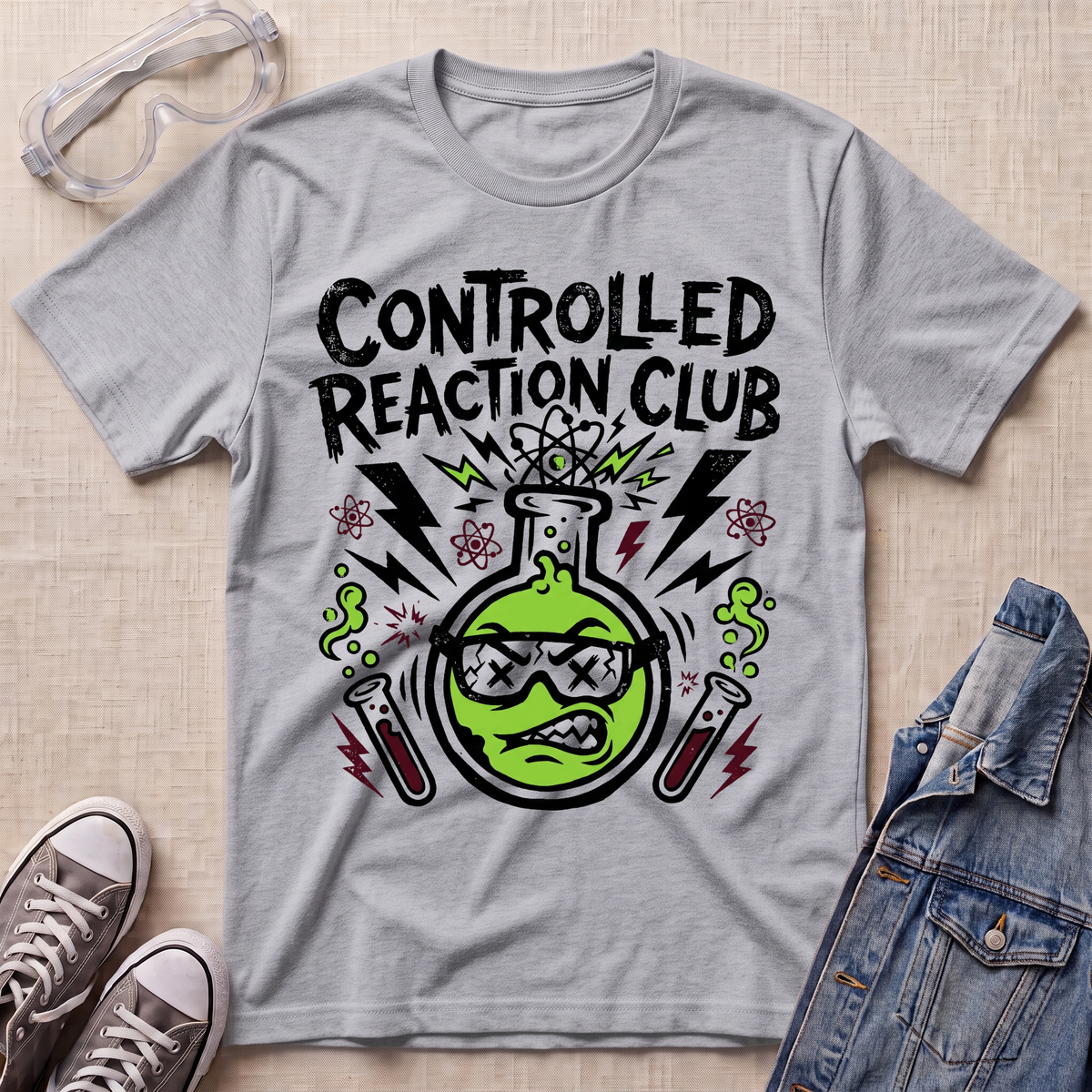 A heather gray graphic t-shirt featuring a green beaker with sunglasses and the text 'CONTROLLED REACTION CLUB' in black. The shirt is styled in a flat-lay arrangement with safety goggles, sneakers, and a denim jacket on a light beige textured background.