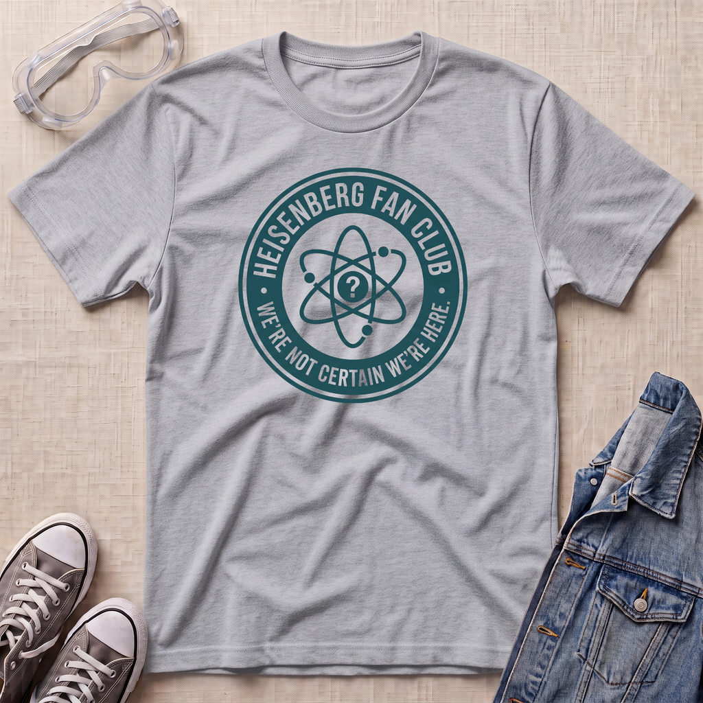 A heather gray t-shirt with a teal circular graphic reading 'HEISENBERG FAN CLUB' and 'WE'RE NOT CERTAIN WE'RE HERE.' surrounded by an atom symbol.