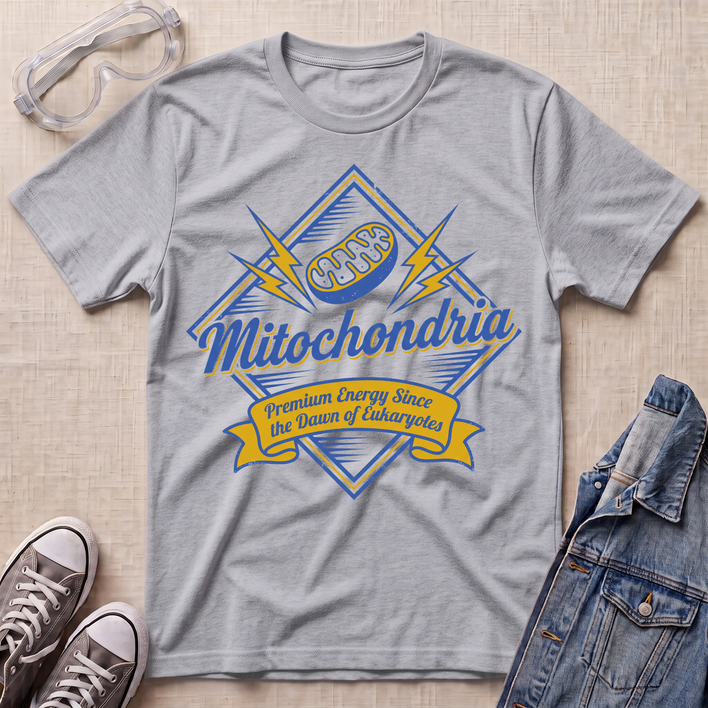A heather gray short-sleeve t-shirt with a blue and yellow 'Mitochondria' graphic, styled in a flat lay with safety goggles, sneakers, and a denim jacket on a beige textured background.