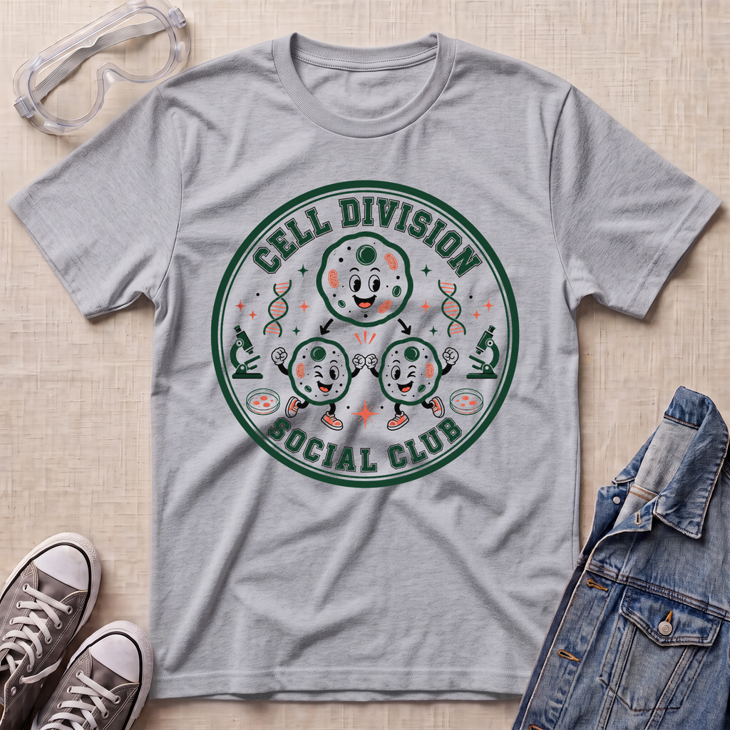 A heather grey graphic t-shirt featuring a circular 'Cell Division Social Club' design with cartoon cells and microscopes, styled in a flat lay with safety goggles, sneakers, and a denim jacket on a textured beige background.