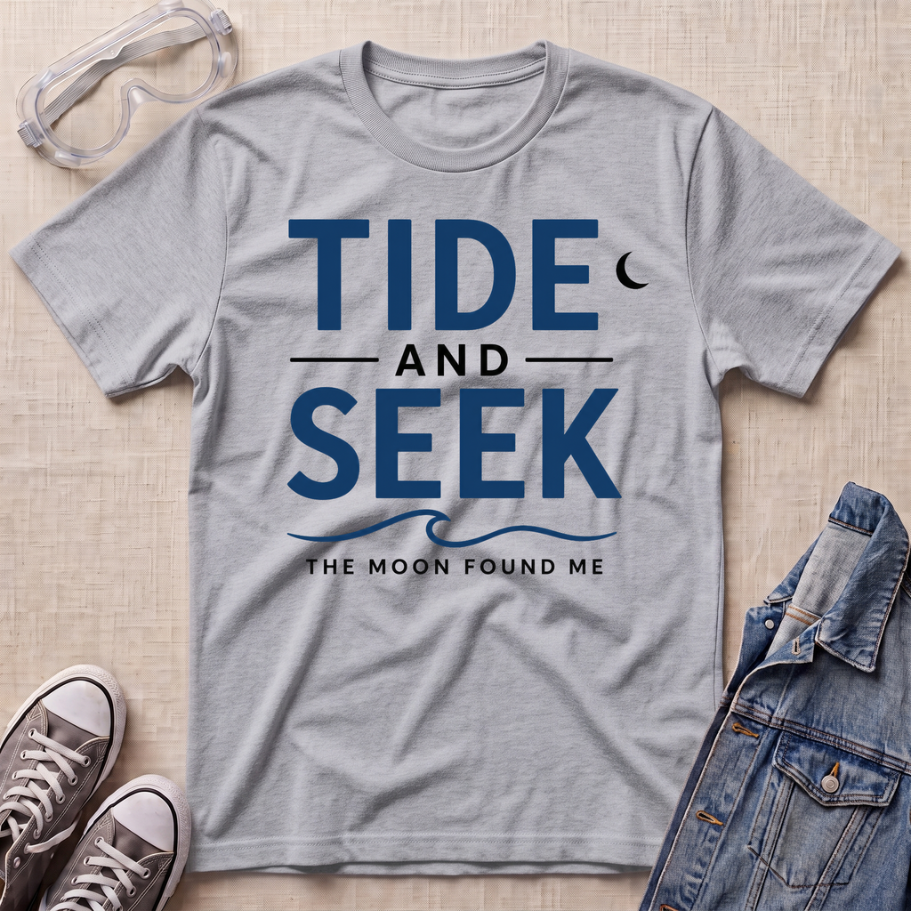A sport grey short-sleeve t-shirt with a blue graphic reading 'TIDE AND SEEK THE MOON FOUND ME' laid flat on a beige textured surface, surrounded by styling props including safety goggles, gray sneakers, and a denim jacket.