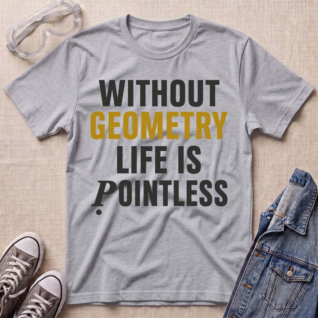 A heather gray graphic t-shirt laid flat on a beige textured background, surrounded by styling props including safety glasses, gray sneakers, and a blue denim jacket. The t-shirt features the text 'WITHOUT GEOMETRY LIFE IS POINTLESS' in white and yellow lettering.