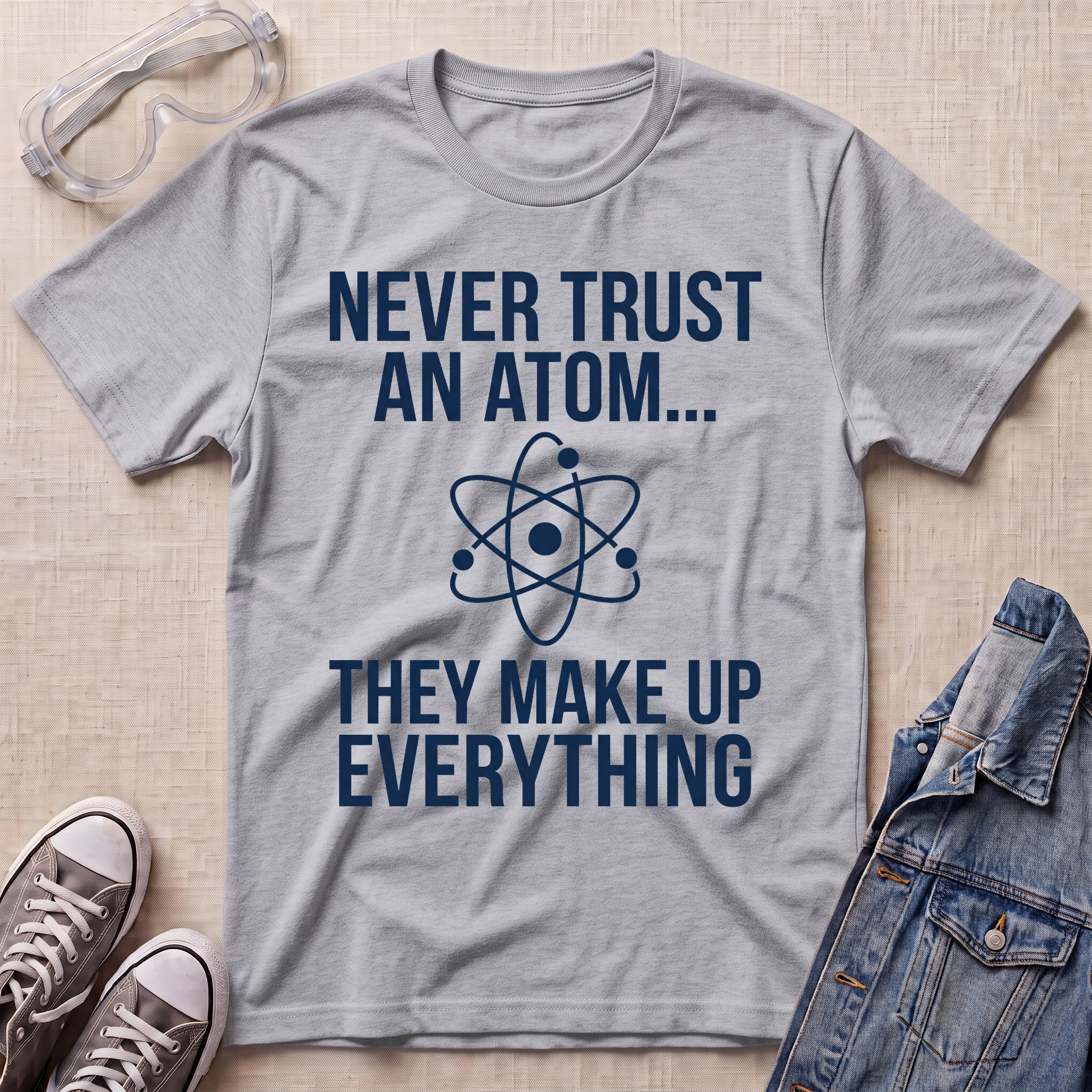A heather gray graphic t-shirt with white text reading 'NEVER TRUST AN ATOM.' and 'THEY MAKE UP EVERYTHING' with an image of an atom in between the texts.