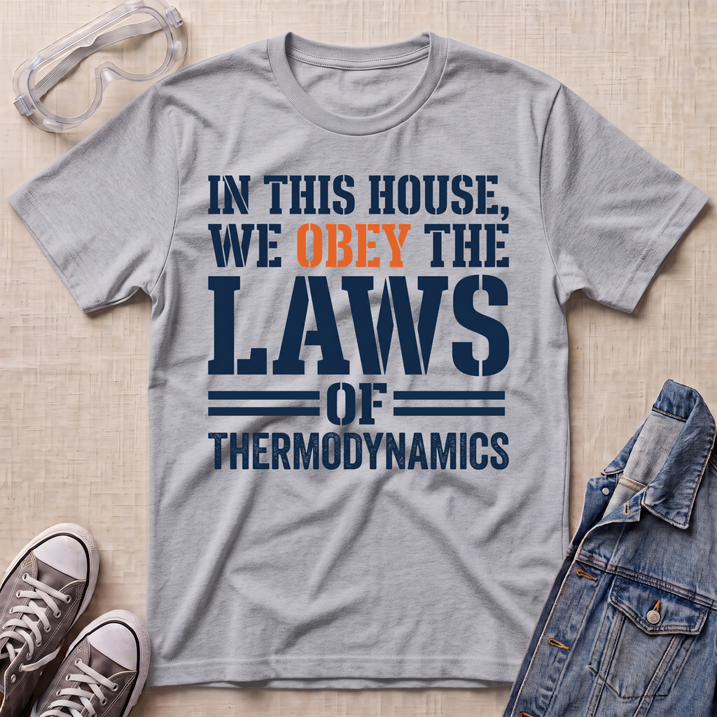 A heather gray graphic t-shirt laid flat on a beige textured background, surrounded by props including safety goggles, gray sneakers, and a denim jacket. The t-shirt features the text 'IN THIS HOUSE, WE OBEDY THE LAWS OF THERMODYNAMICS' in navy blue and orange.