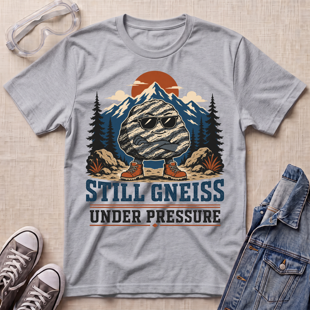 A heather gray graphic t-shirt laid flat on a beige textured background, surrounded by lifestyle props including safety goggles, sneakers, and a denim jacket. The t-shirt features a retro-style graphic of a gneiss rock wearing sunglasses in front of mountains and pine trees, with the text 'STILL GNEISS UNDER PRESSURE'.