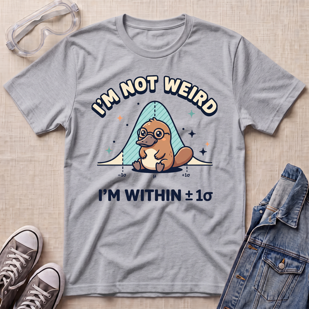 A heather gray graphic t-shirt featuring a platypus wearing glasses under a blue bell curve with the text 'I'M NOT WEIRD' and 'I'M WITHIN ±1σ'. The t-shirt is styled in a flat-lay arrangement on a textured beige background, surrounded by props including safety goggles, gray sneakers, and a denim jacket.
