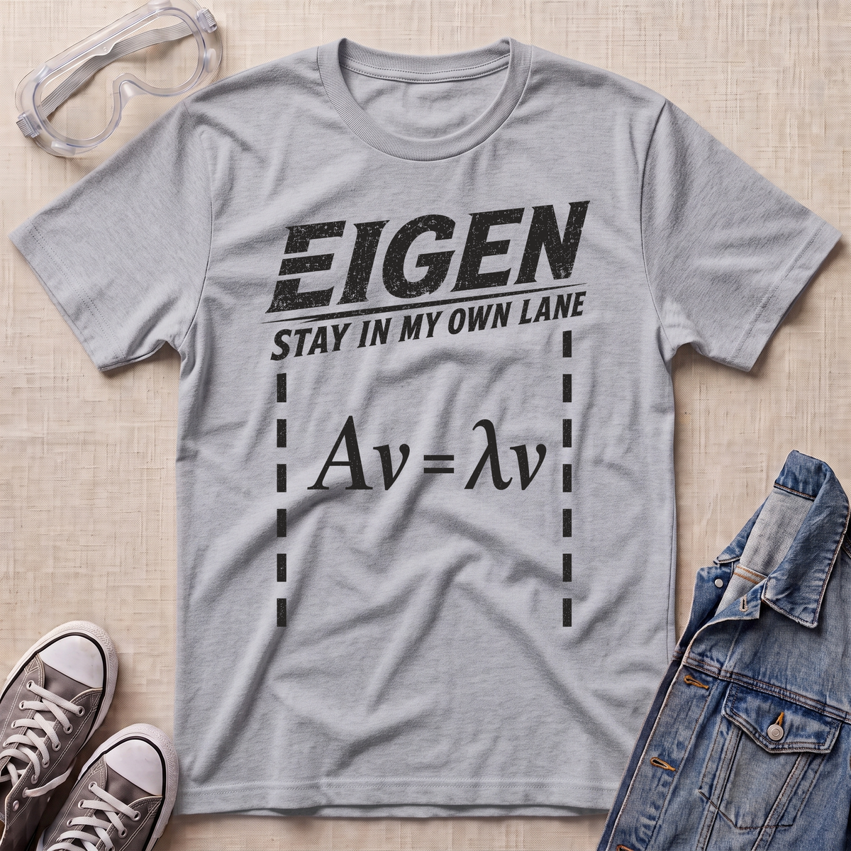 A heather gray graphic t-shirt laid flat on a light beige textured background, styled with safety goggles, a denim jacket, and sneakers. The t-shirt features a black distressed print that reads 'EIGEN STAY IN MY OWN LANE' above the equation 'Av = λv'.