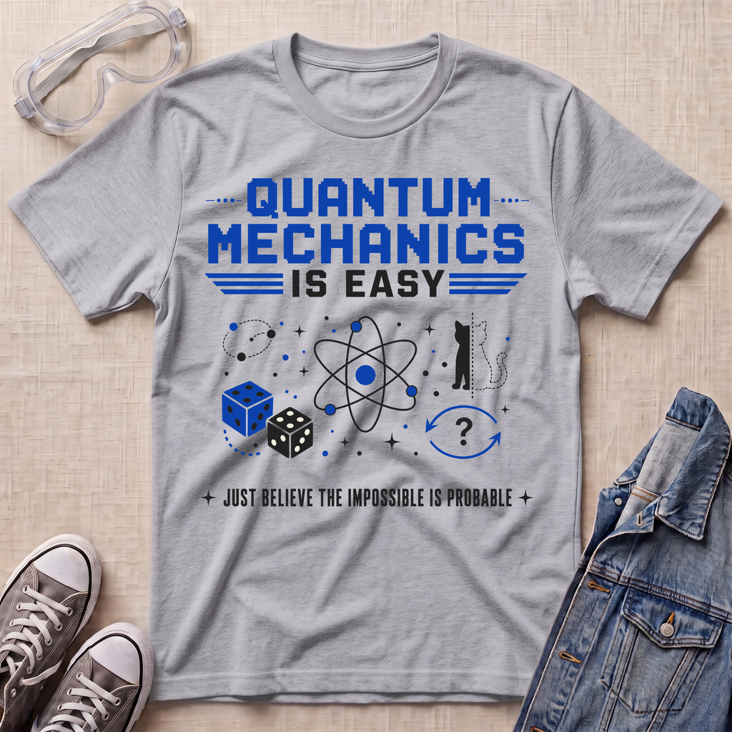A heather gray short-sleeve t-shirt with a blue and black graphic reading 'QUANTUM MECHANICS IS EASY' and 'JUST BELIEVE THE IMPOSSIBLE IS PROBLEMA', styled in a flat lay with safety goggles, sneakers, and a denim jacket on a beige textured background.