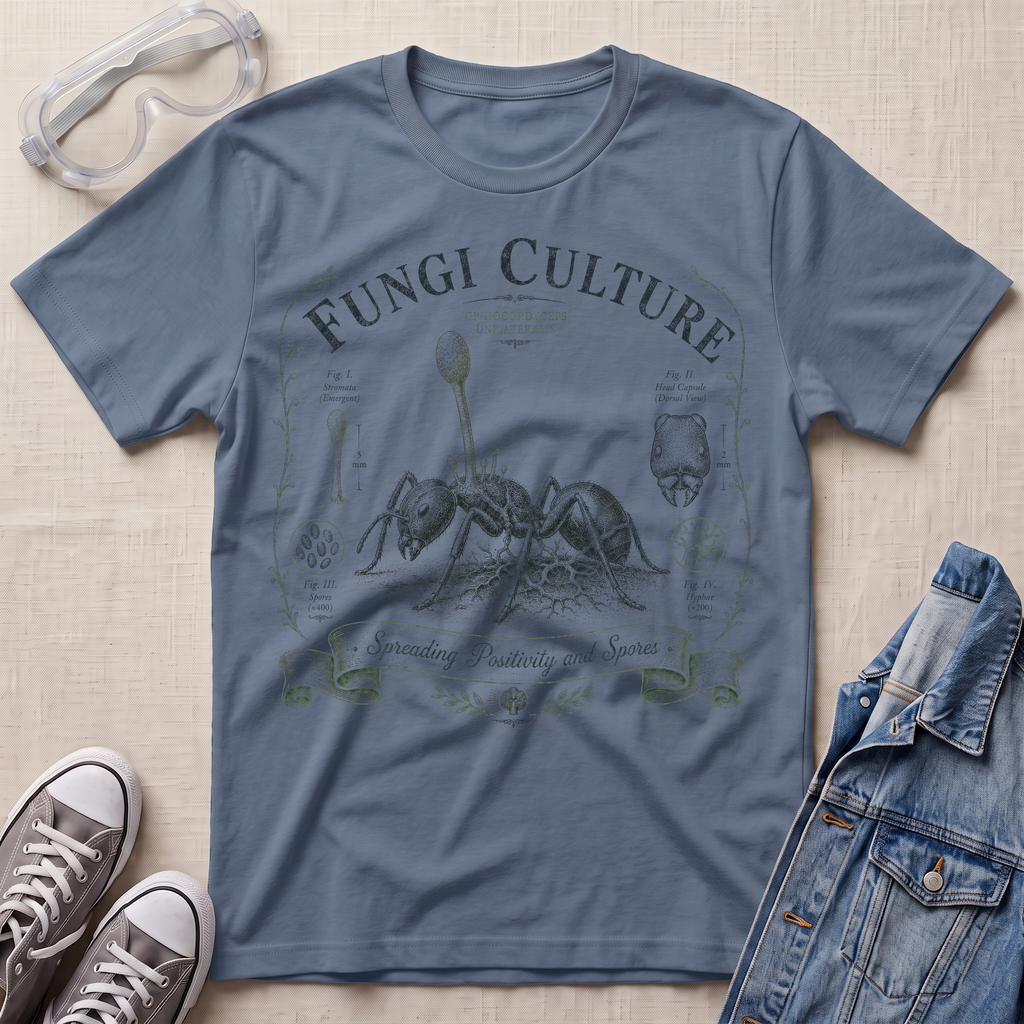 A slate blue crewneck t-shirt with a vintage-style 'Fungi Culture' ant graphic, styled in a flat lay with safety goggles, gray sneakers, a denim jacket, and a beige fabric background.