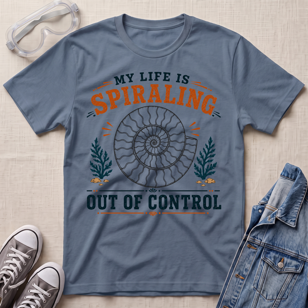 A slate blue graphic t-shirt laid flat on a light beige textured background, surrounded by styling props including clear safety glasses, gray sneakers, and a denim jacket. The t-shirt features a graphic of a spiral ammonite shell with the text 'MY LIFE IS SPIRALING OUT OF CONTROL' in orange and dark teal.