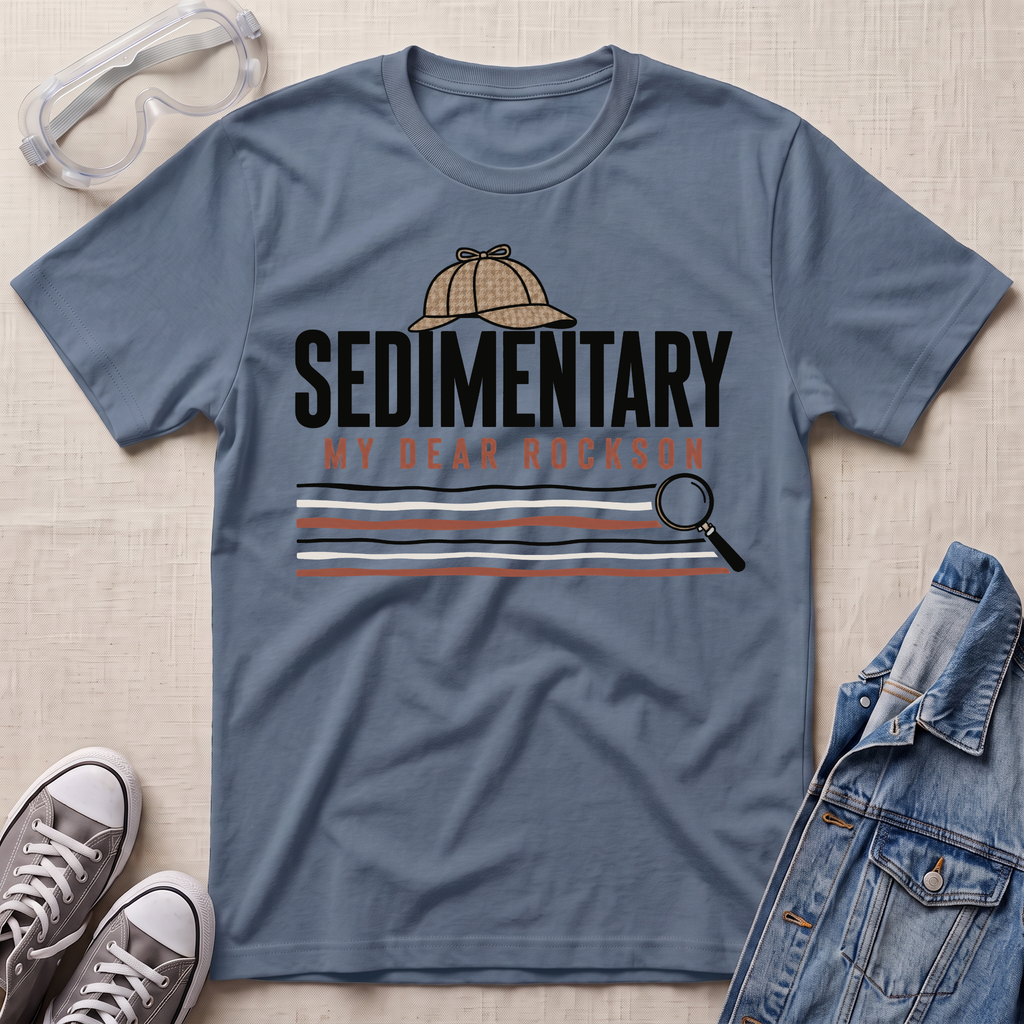 A slate blue graphic t-shirt featuring a detective themed 'Sedimentary My Dear Rockson' print, styled in a flat-lay with a denim jacket, sneakers, and safety goggles on a textured beige background.