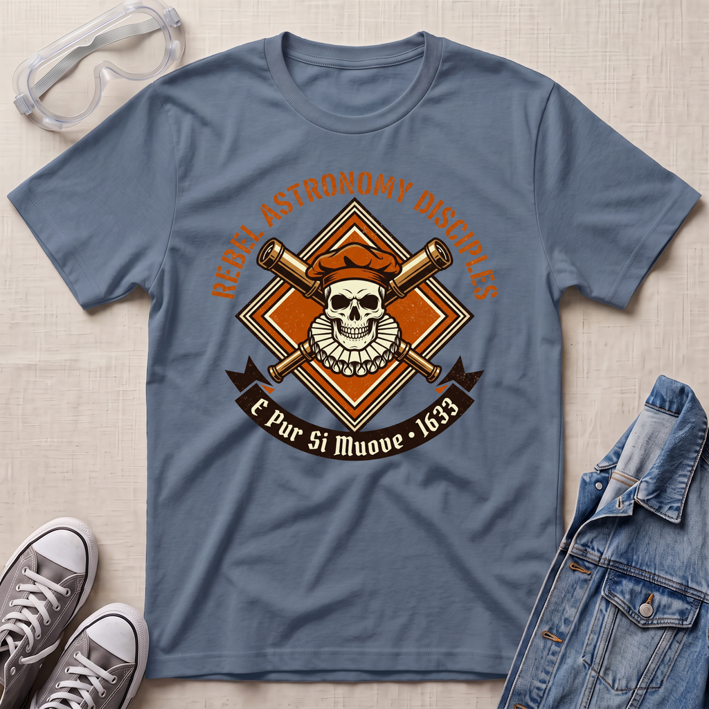 A stone blue graphic t-shirt laid flat on a light beige textured background, styled with safety goggles, gray sneakers, and a denim jacket. The t-shirt features a central graphic of a skull wearing an orange beret, crossed brass telescope barrels, and a banner reading 'REBEL ASTRONOMY DISCIPLINE' and 'E Pur Si Muove - 1633'.