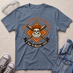 A stone blue graphic t-shirt laid flat on a light beige textured background, styled with safety goggles, gray sneakers, and a denim jacket. The t-shirt features a central graphic of a skull wearing an orange beret, crossed brass telescope barrels, and a banner reading 'REBEL ASTRONOMY DISCIPLINE' and 'E Pur Si Muove - 1633'.