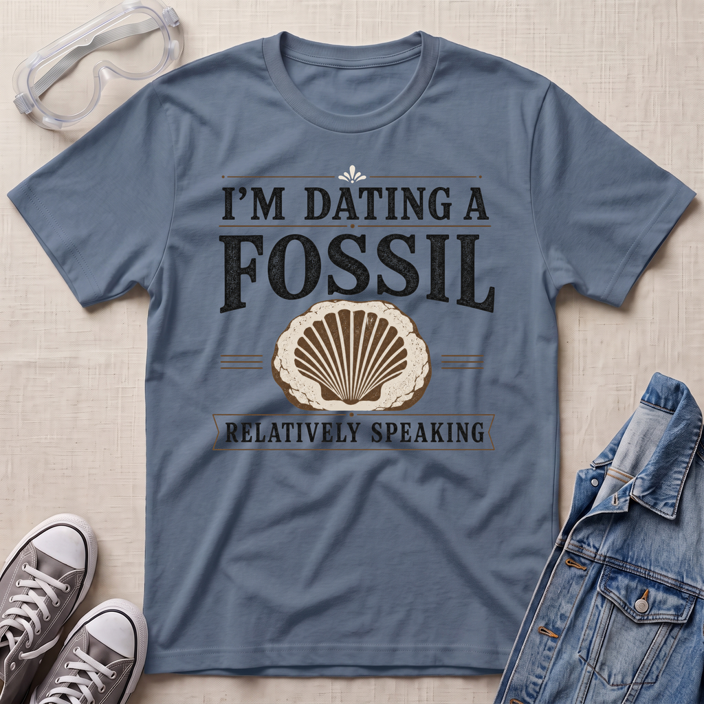 A slate blue graphic t-shirt laid flat on a textured beige background, styled with safety goggles, gray sneakers, and a denim jacket. The t-shirt features a graphic print that reads 'I'M DATING A FOSSIL RELATIVELY SPEAKING' with a seashell illustration.