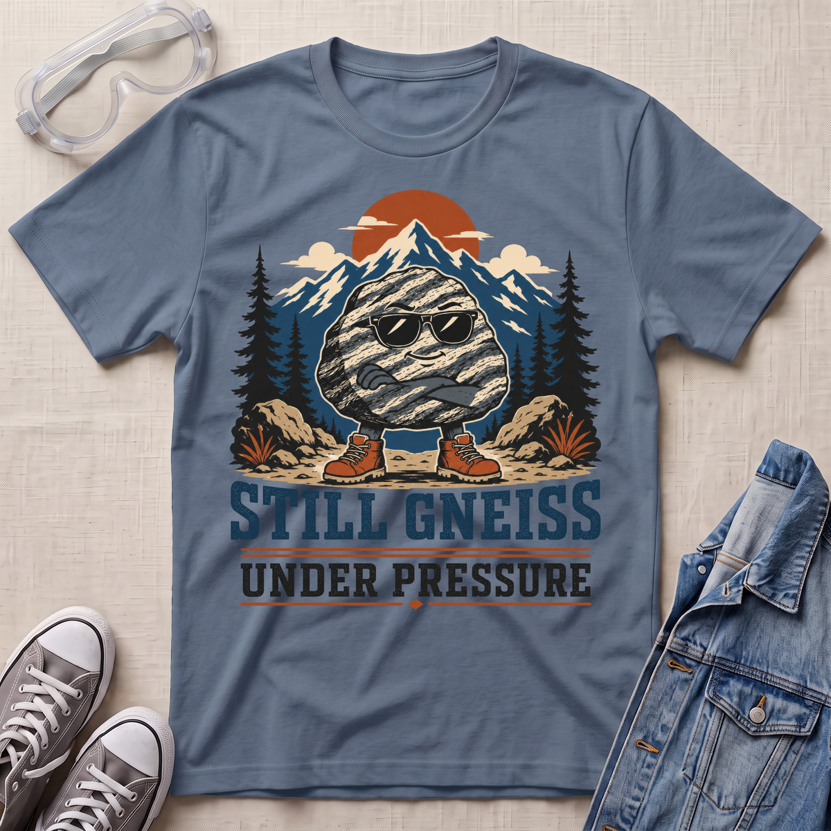 A slate blue graphic t-shirt laid flat on a light beige textured surface, surrounded by styling props including safety goggles, gray sneakers, a denim jacket, and a pair of trail running shoes. The t-shirt features a graphic of a gneiss rock wearing sunglasses with mountains, pine trees, and an orange sunset behind it, with the text 'STILL GNEISS UNDER PRESSURE' printed below.