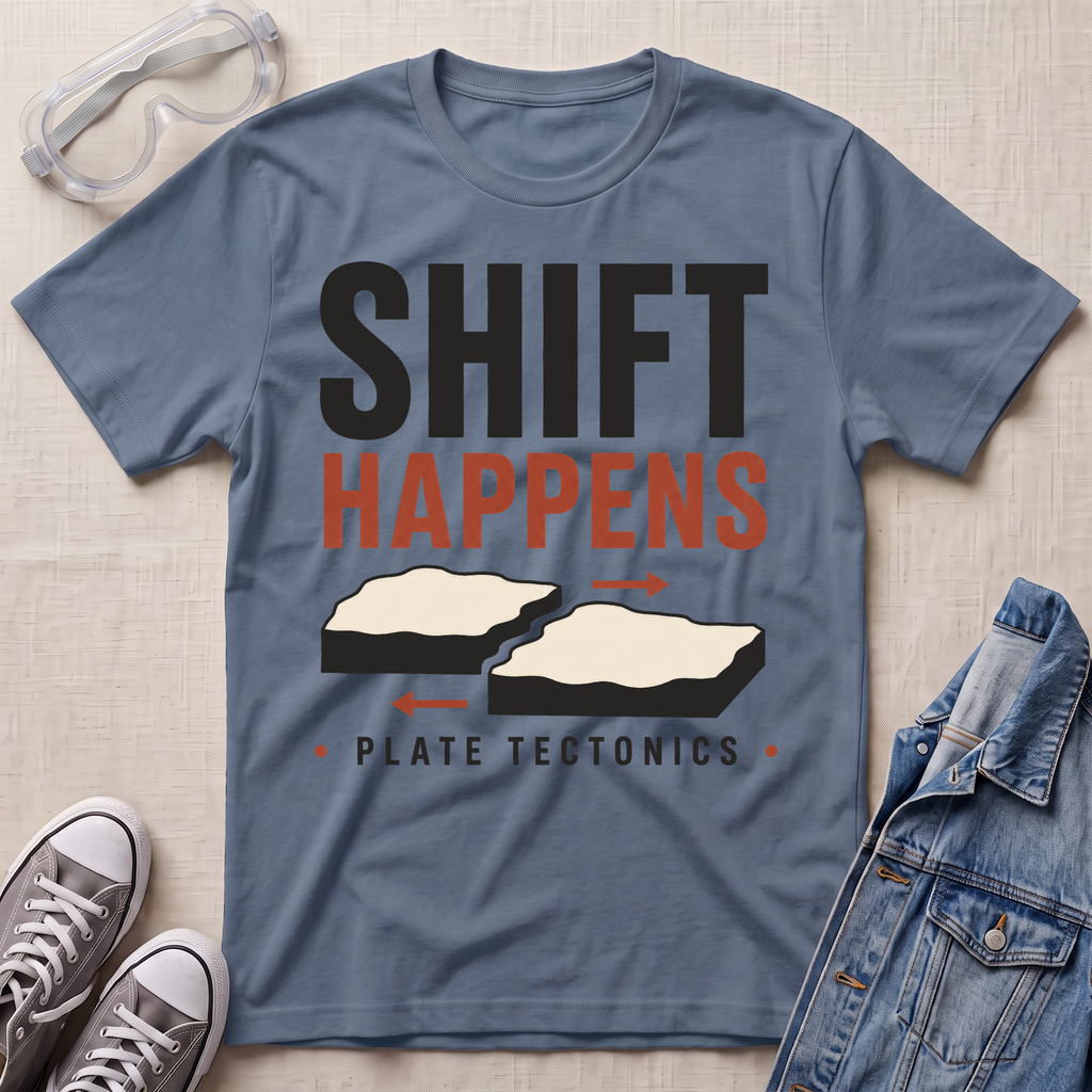 A slate blue graphic t-shirt laid flat on a light beige textured surface, styled with safety goggles, gray sneakers, and a denim jacket. The t-shirt features a graphic print that reads 'SHIFT HAPPENS' in black and orange, with two splitting landmasses and 'PLATE TECTONICS' underneath.