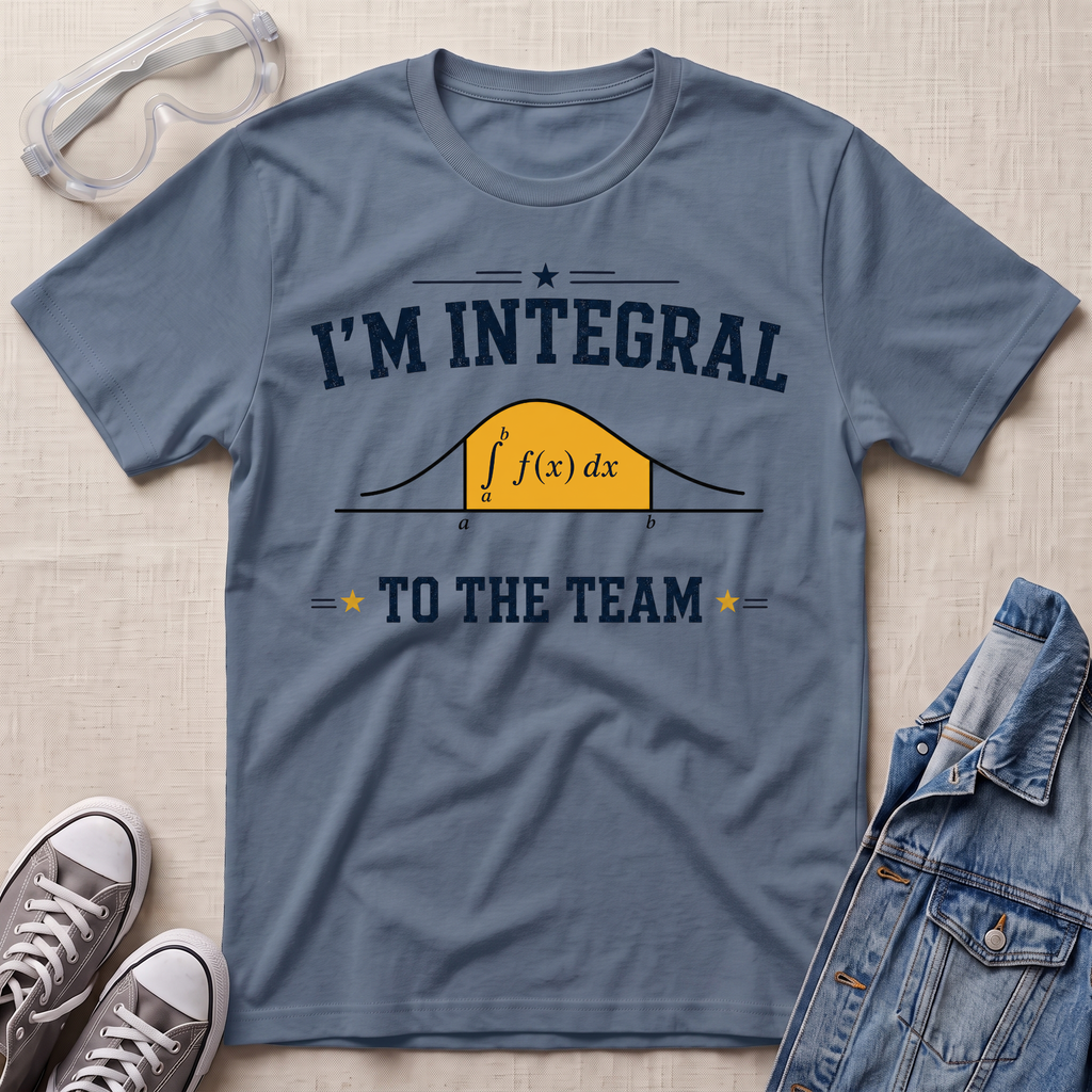 A slate blue graphic t-shirt laid flat on a light beige textured background, styled with safety goggles, gray sneakers, and a denim jacket. The t-shirt features a dark navy blue graphic that reads 'I'M INTEGRAL TO THE TEAM' with a yellow integral curve diagram in the center.