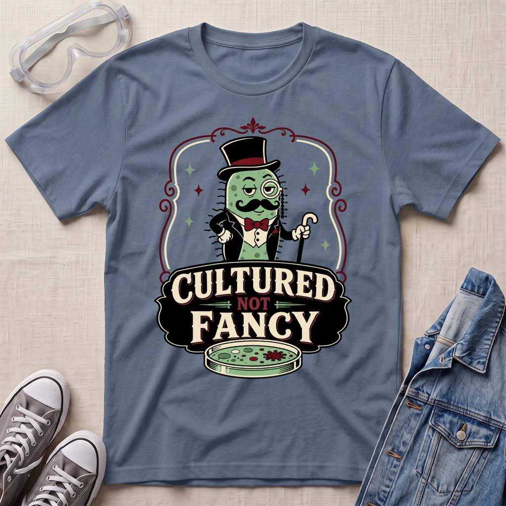 A slate blue graphic t-shirt featuring a cartoon character in a top hat and bow tie with the text 'CULTURED NOT FANCY' and a petri dish, styled in a flat lay with safety goggles, sneakers, and a denim jacket on a beige fabric background.