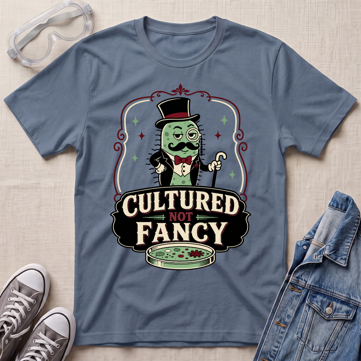 A slate blue graphic t-shirt featuring a cartoon character in a top hat and bow tie with the text 'CULTURED NOT FANCY' and a petri dish, styled in a flat lay with safety goggles, sneakers, and a denim jacket on a beige fabric background.