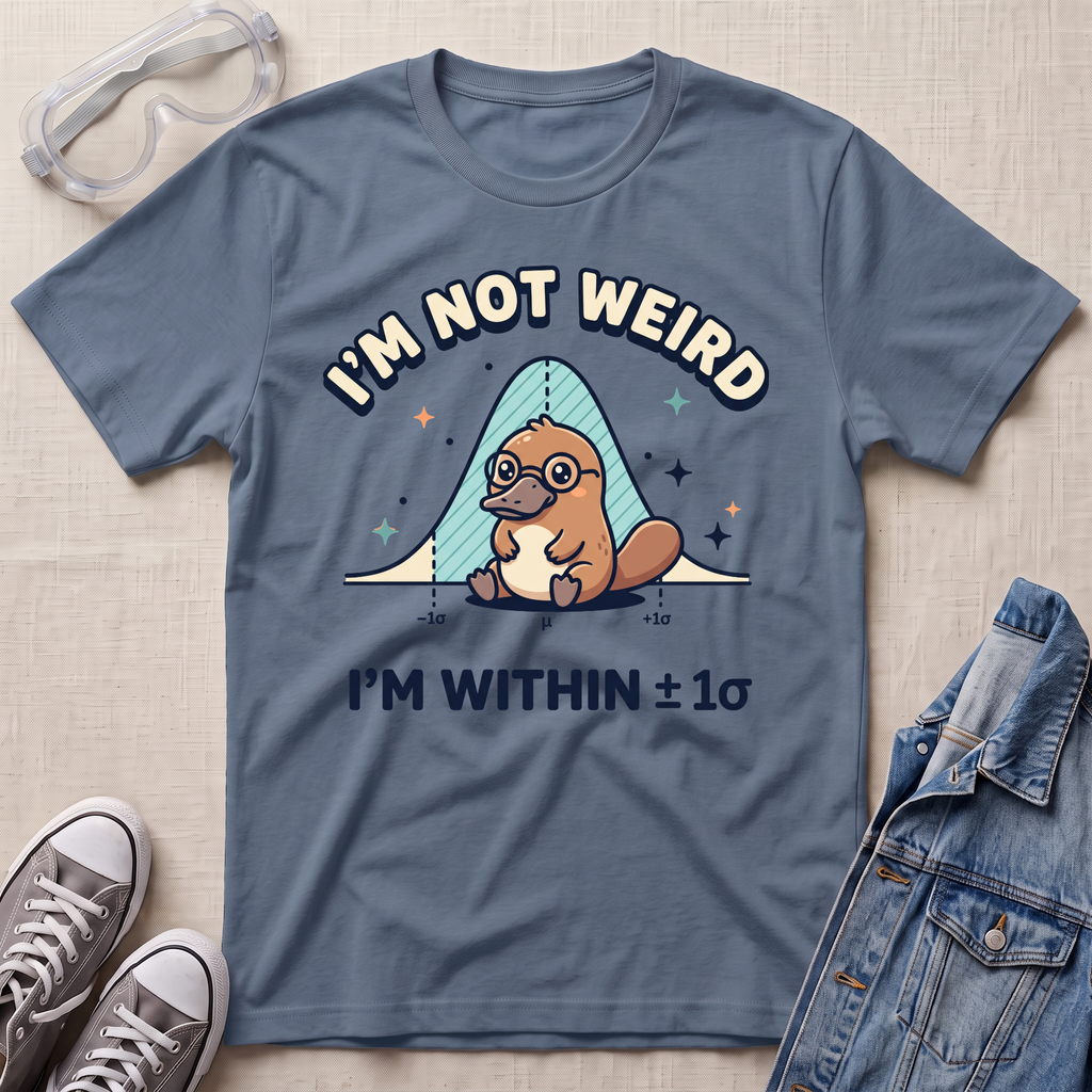 A slate blue graphic t-shirt featuring a platypus wearing glasses under a blue bell curve with the text 'I'M NOT WEIRD' and 'I'M WITHIN ±1σ'. The t-shirt is styled in a flat-lay arrangement on a textured beige background, surrounded by props including safety goggles, gray sneakers, and a denim jacket.