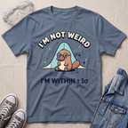 A slate blue graphic t-shirt featuring a platypus wearing glasses under a blue bell curve with the text 'I'M NOT WEIRD' and 'I'M WITHIN ±1σ'. The t-shirt is styled in a flat-lay arrangement on a textured beige background, surrounded by props including safety goggles, gray sneakers, and a denim jacket.