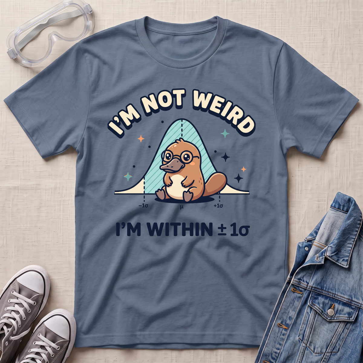 A slate blue graphic t-shirt featuring a platypus wearing glasses under a blue bell curve with the text 'I'M NOT WEIRD' and 'I'M WITHIN ±1σ'. The t-shirt is styled in a flat-lay arrangement on a textured beige background, surrounded by props including safety goggles, gray sneakers, and a denim jacket.