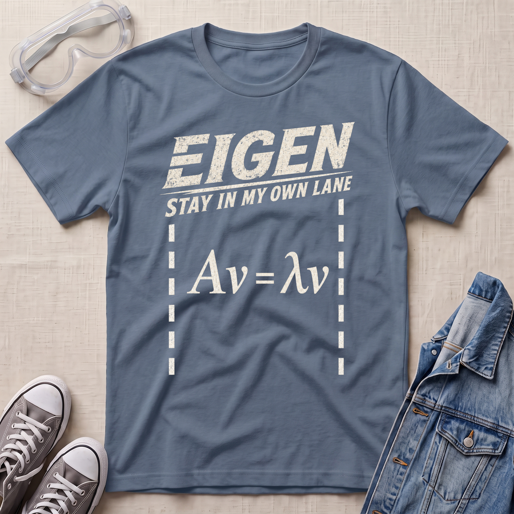 A slate blue graphic t-shirt laid flat on a beige textured background, styled with safety goggles, gray sneakers, and a denim jacket. The t-shirt features a white distressed print that reads 'EIGEN STAY IN MY OWN LANE' above the equation 'Av = λv' with dashed vertical lines.