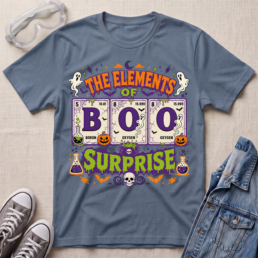 A slate blue graphic t-shirt laid flat on a light beige fabric background, styled with clear safety goggles, gray sneakers, and a denim jacket. The t-shirt features a colorful Halloween-themed graphic reading 'THE ELEMENTS OF BOO SURPRISE' with elements symbols and illustrations of ghosts, pumpkins, and potions.